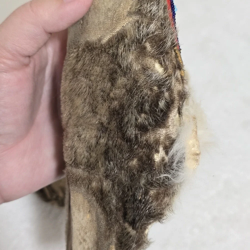 VTG Native American Beaded Child Moccasins Size 1 Fur Lined Thunderbird Handmade